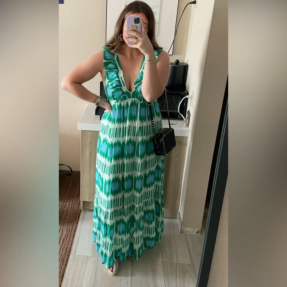 Oliphant Green and Blue V-Neck Dress - Picture 4 of 5